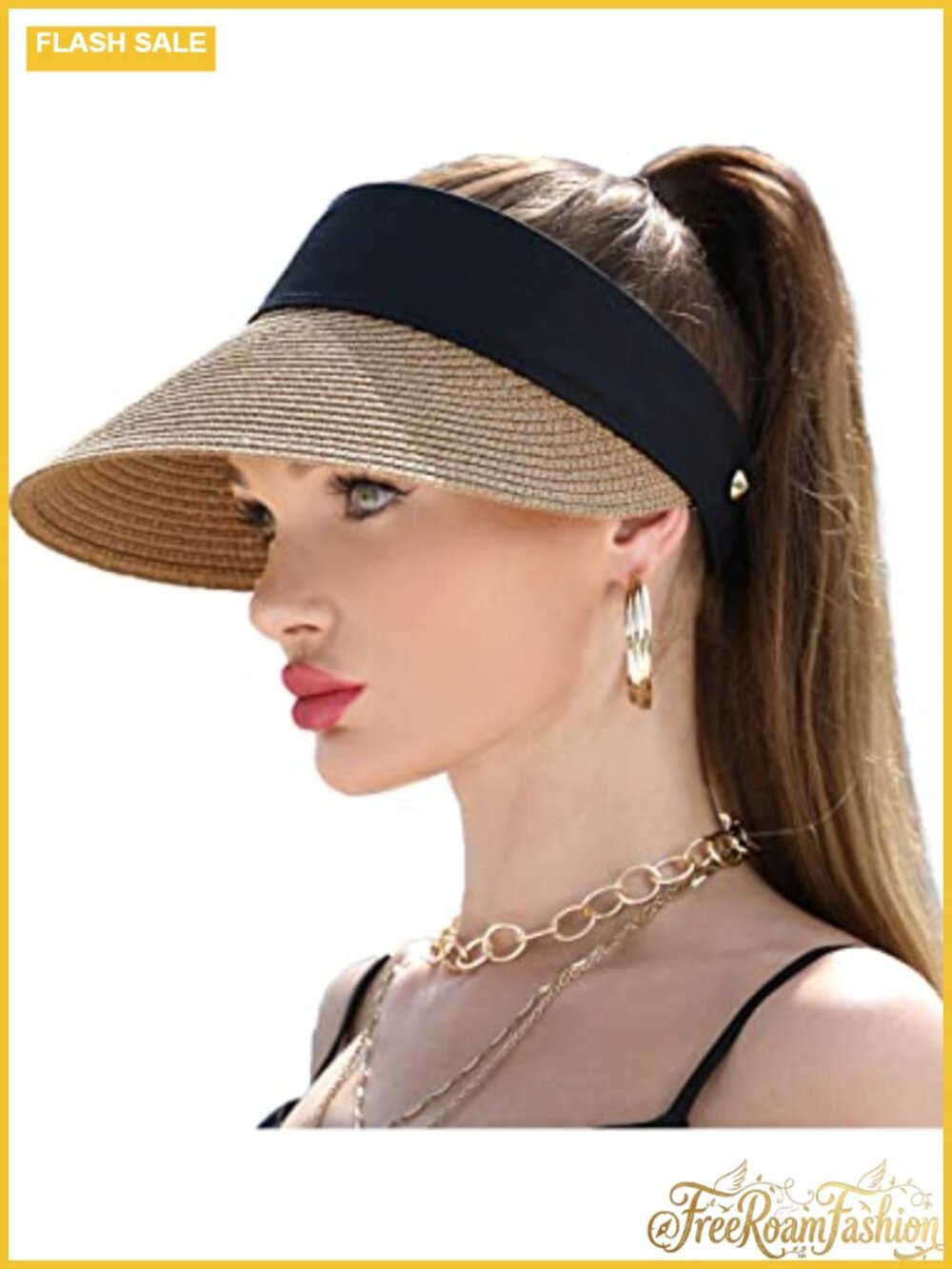 Wide Brim Straw Visor Sun Hat UPF 50+ Packable Beach Cap Adjustable